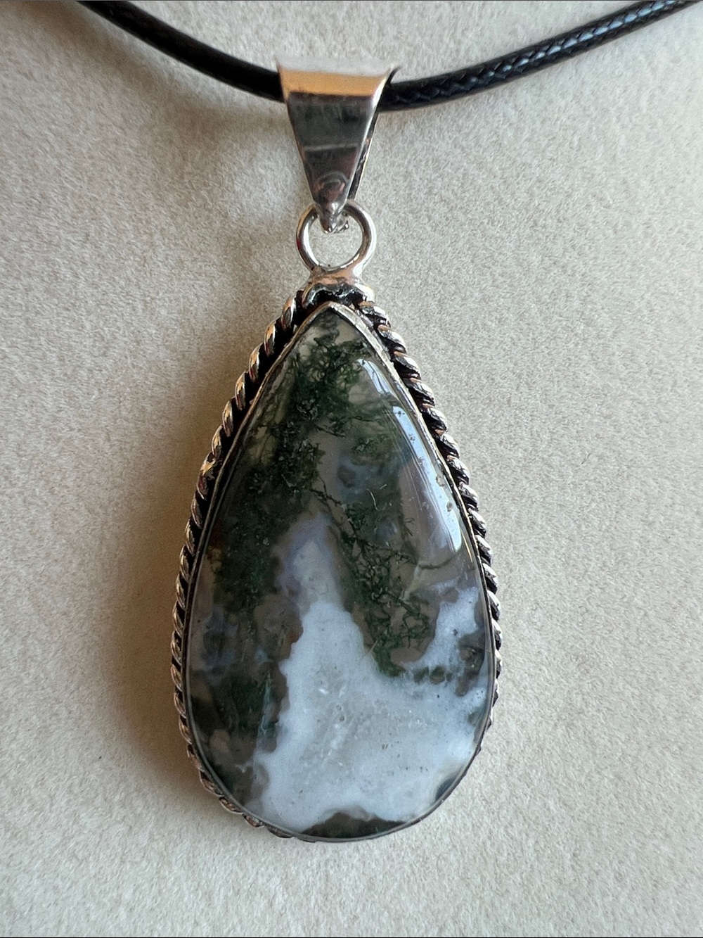 Teardrop Moss Agate Pendant Necklace - Green and White